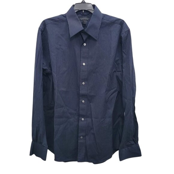 Express Design Studio 80s 2-Ply Cotton Modern Fit Navy Blue Stripe Dress Shirt L - Picture 1 of 7